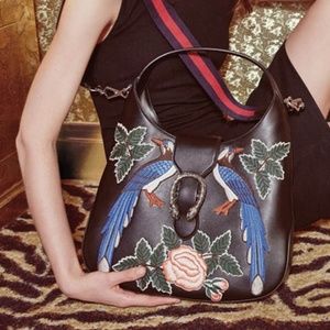 RARE Gucci Dionysus Medium Embroidered-Birds Hobo Bag, Black/Multi